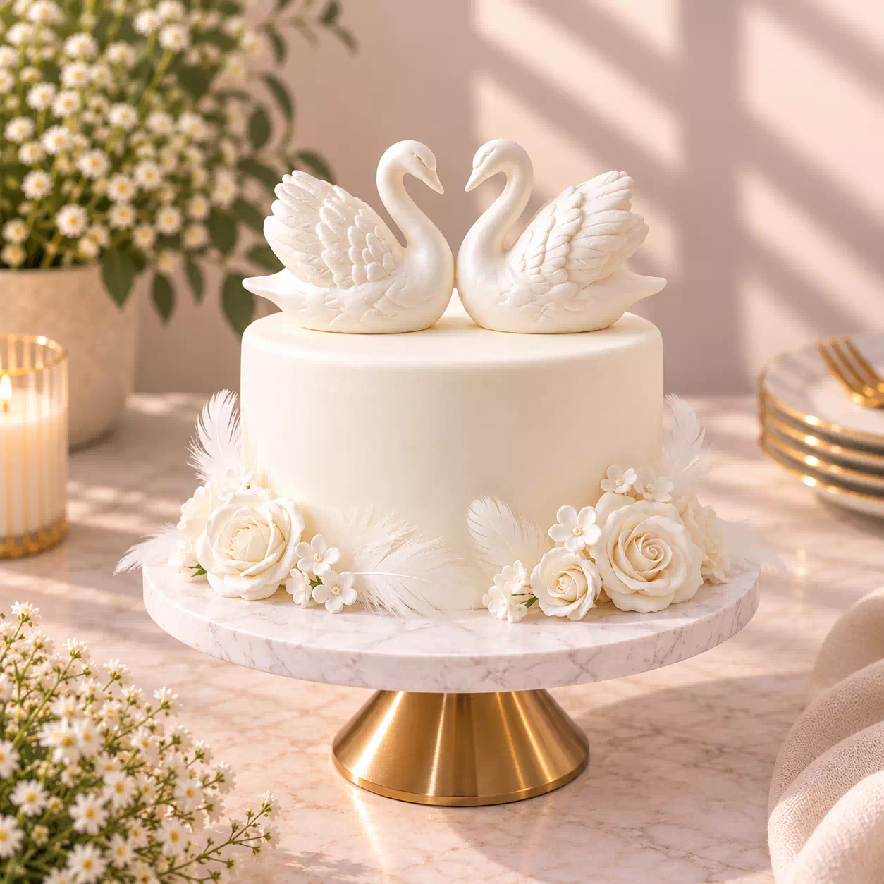 Elegant White Swan Wedding Cake with Ivory Roses