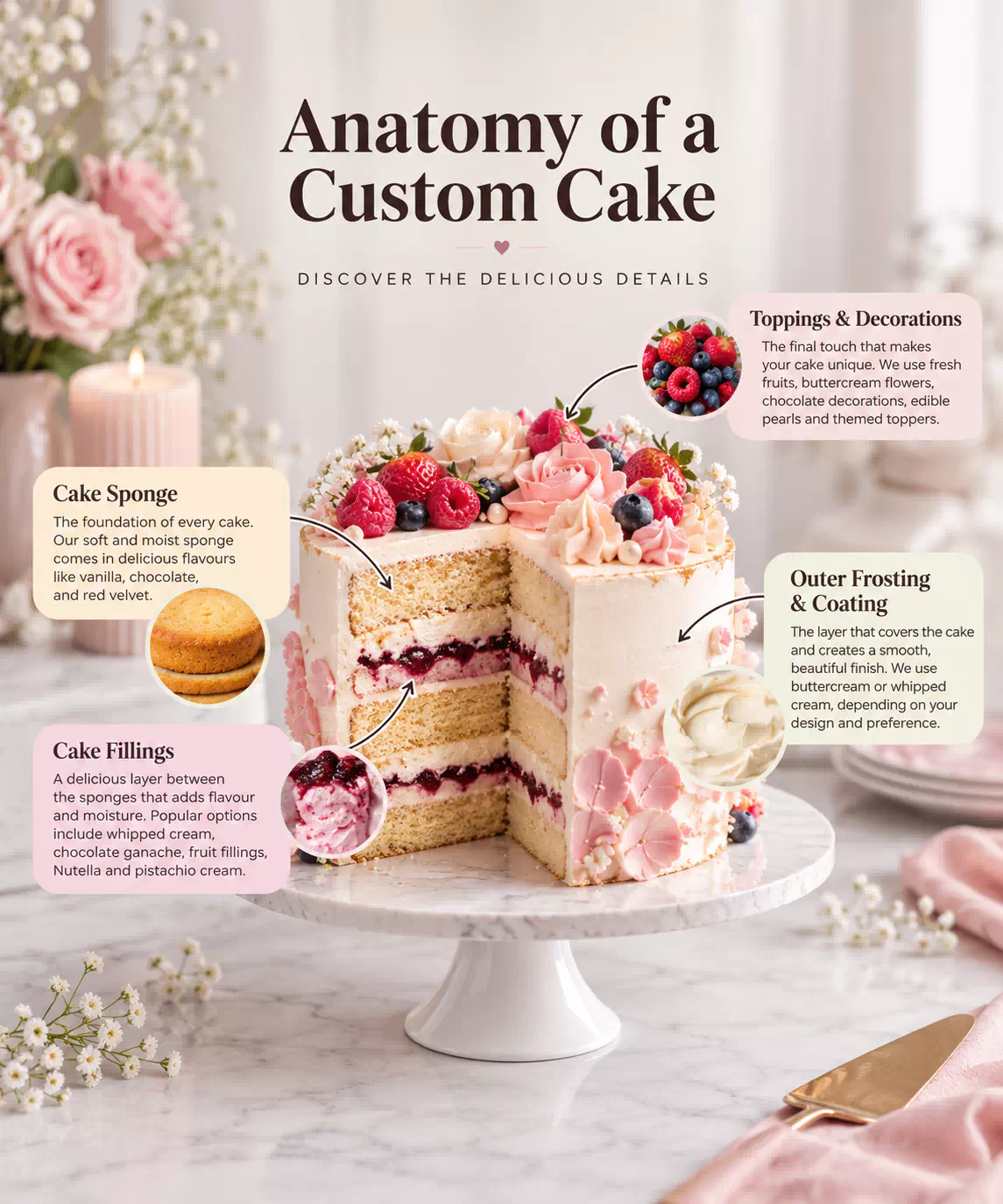 What is Inside a Custom Cake? Sponge, Fillings, Frosting and Decorations