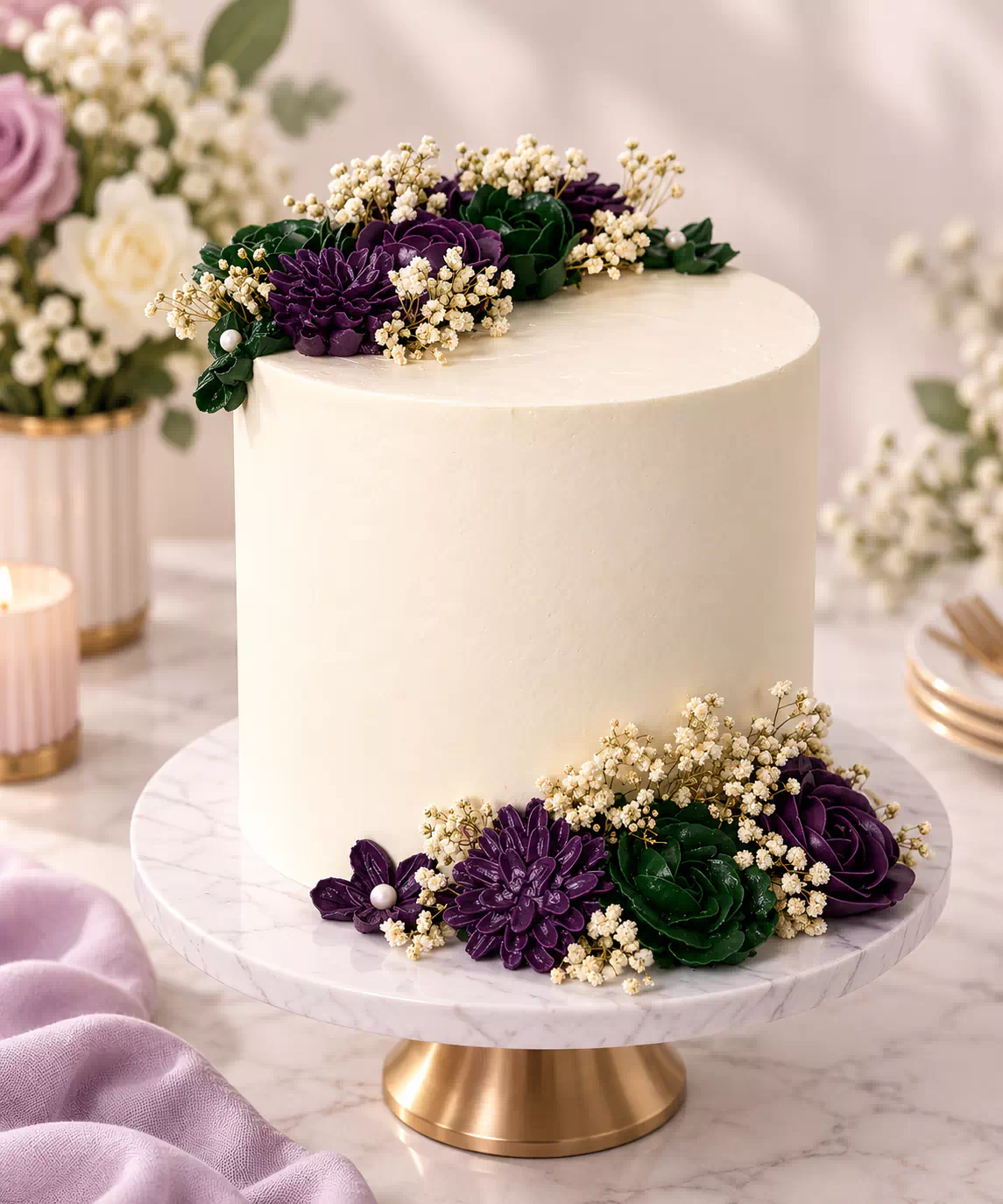 Elegant Purple Floral Wedding Cake