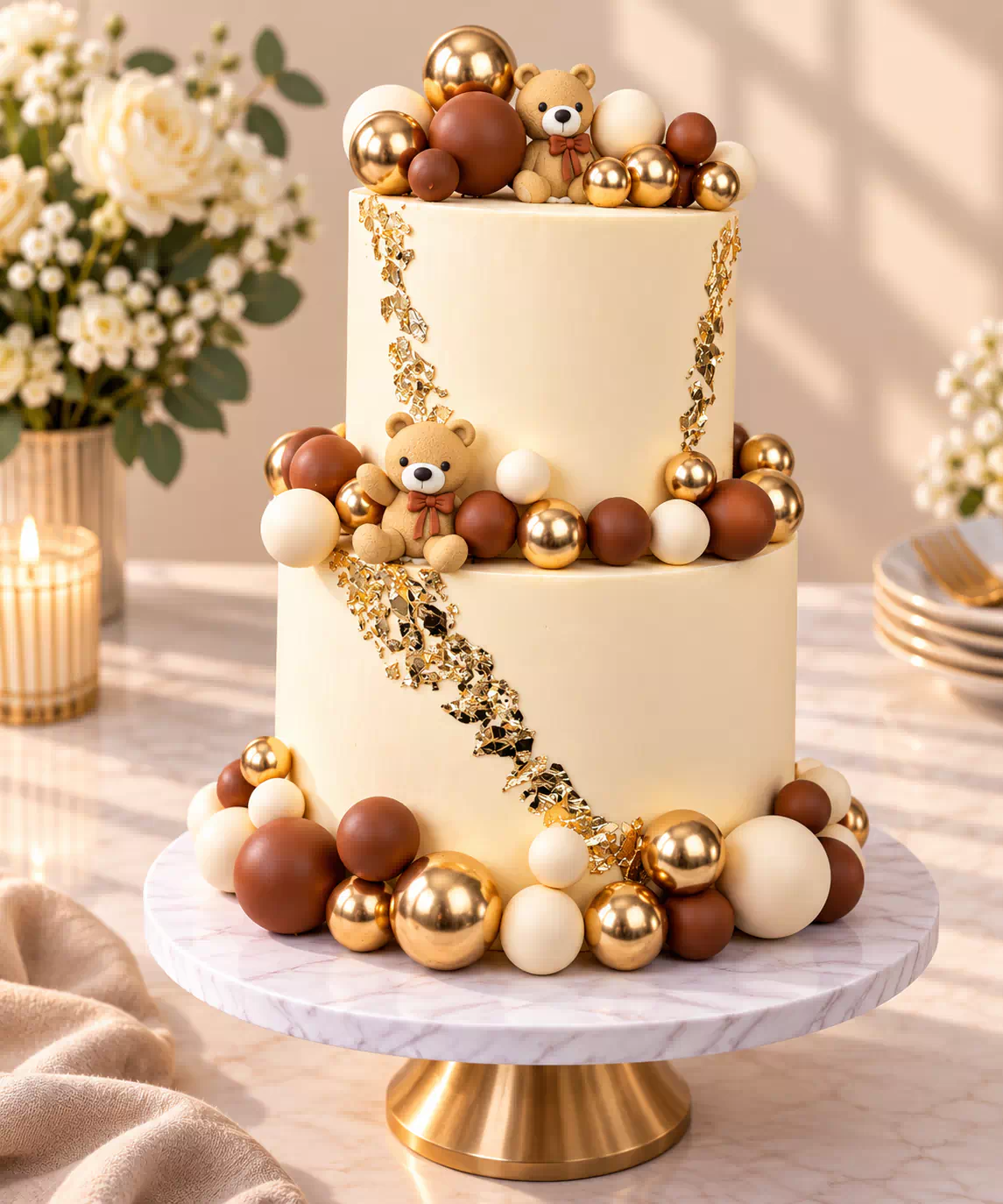 Elegant Two-Tier Teddy Bear Celebration Cake