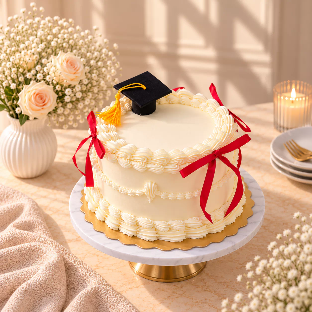 Classic Red Ribbon Graduation Cake
