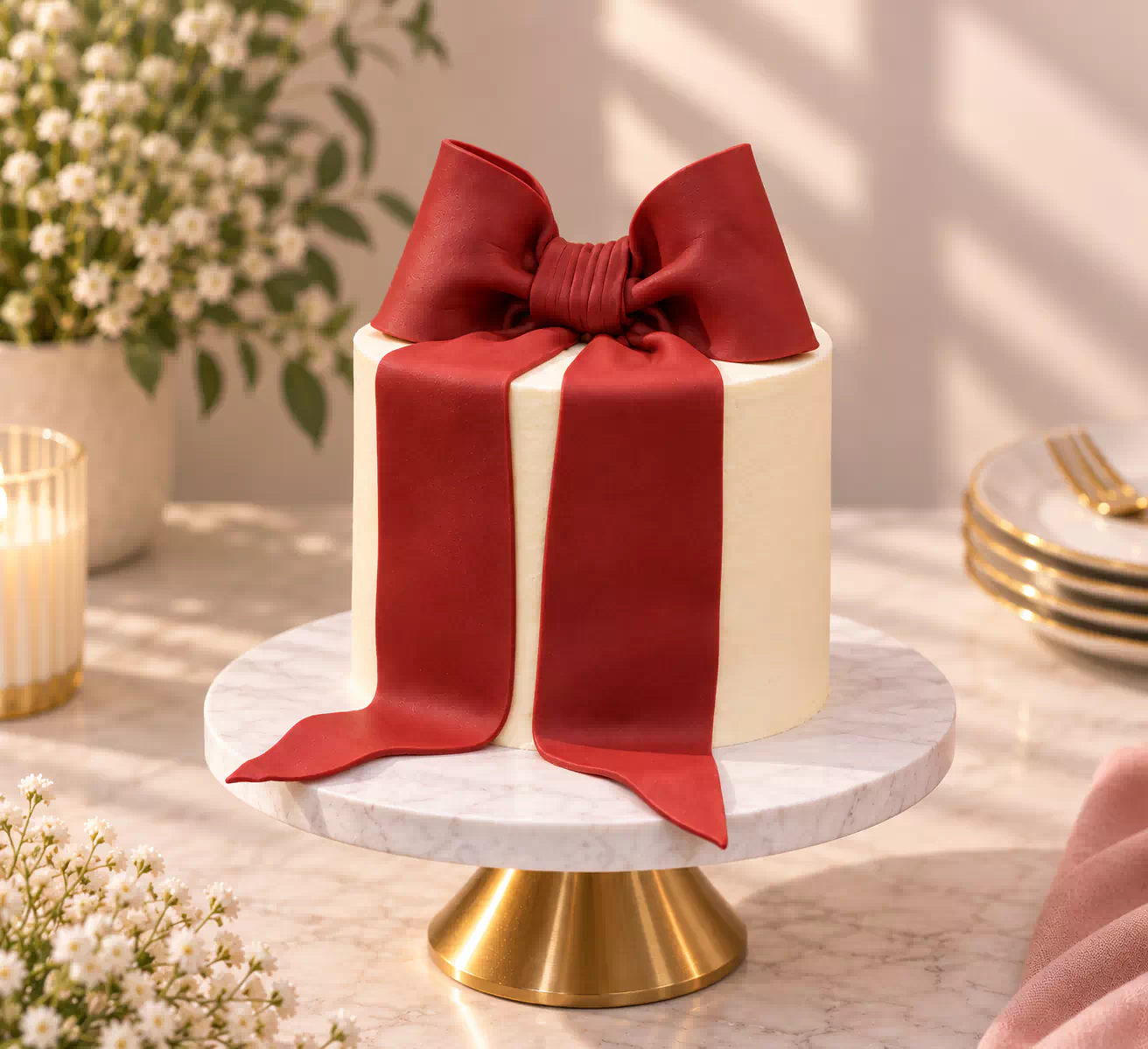 Elegant Red Bow Birthday Cake