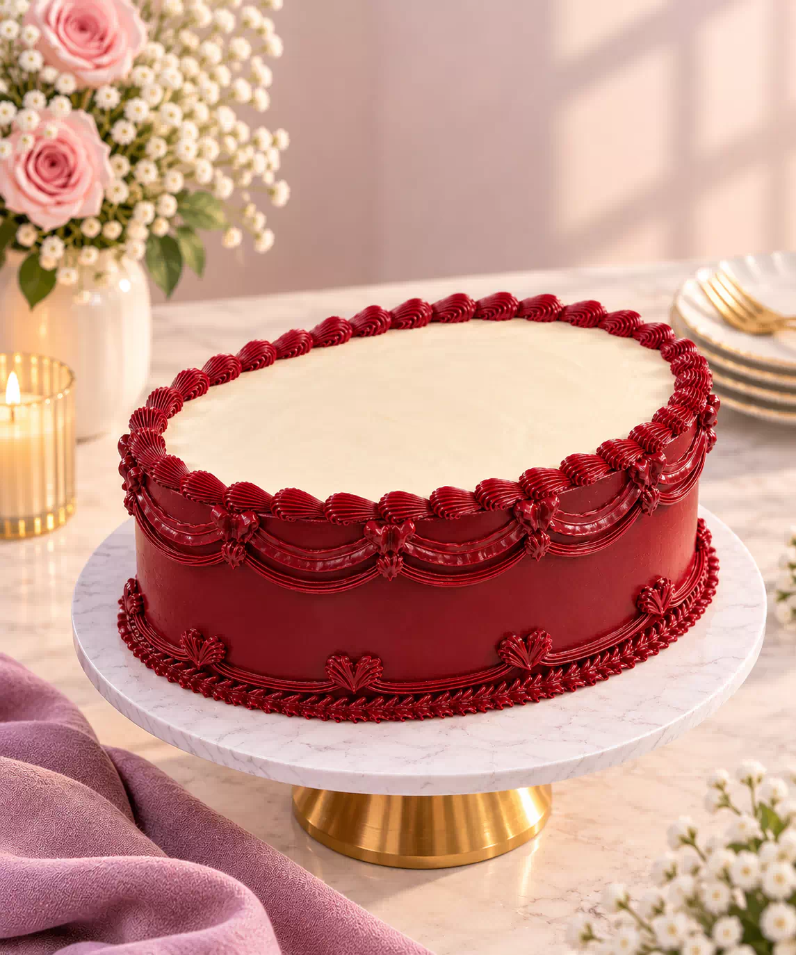 Burgundy Vintage Oval Birthday Cake