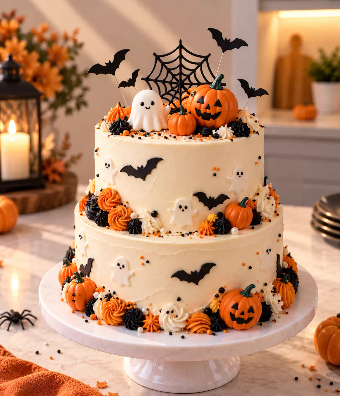 Two-Tier Halloween Ghost & Pumpkin Cake