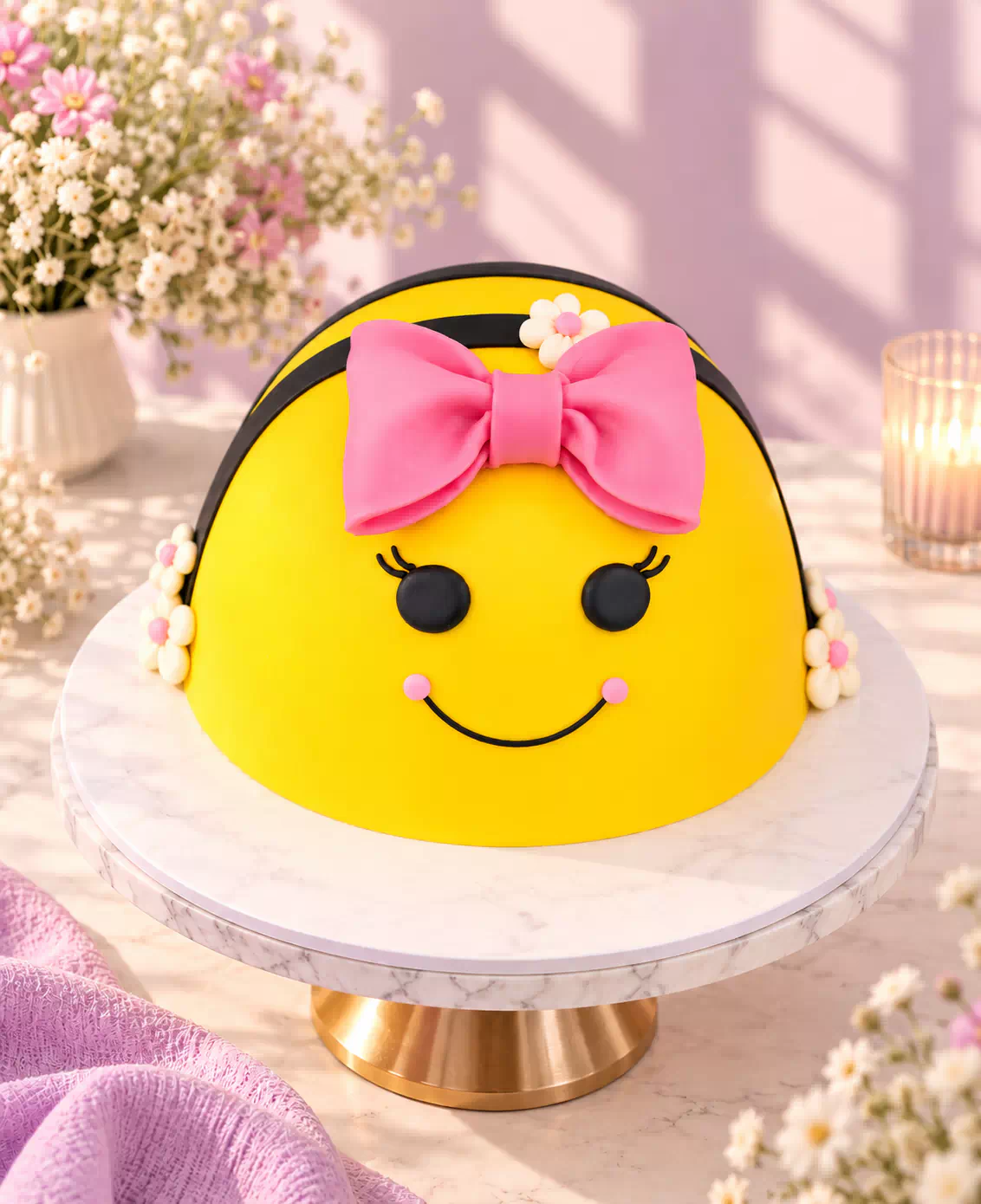 Cute Smiley Face Birthday Cake with Pink Bow