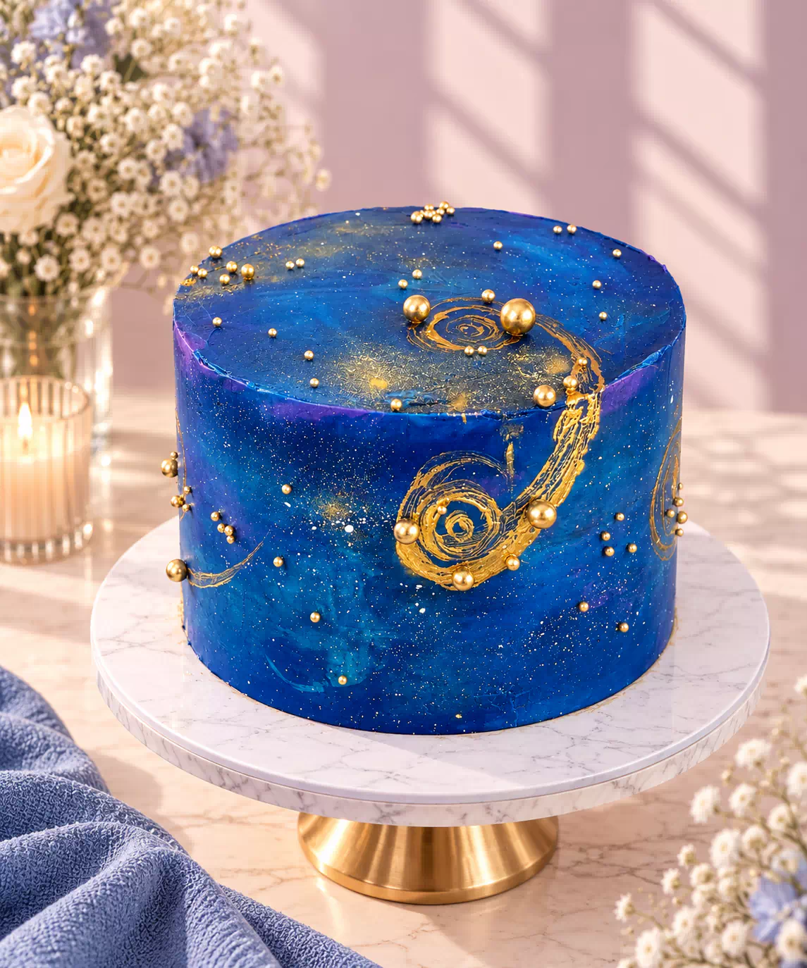 Blue Galaxy & Gold Celestial Birthday Cake