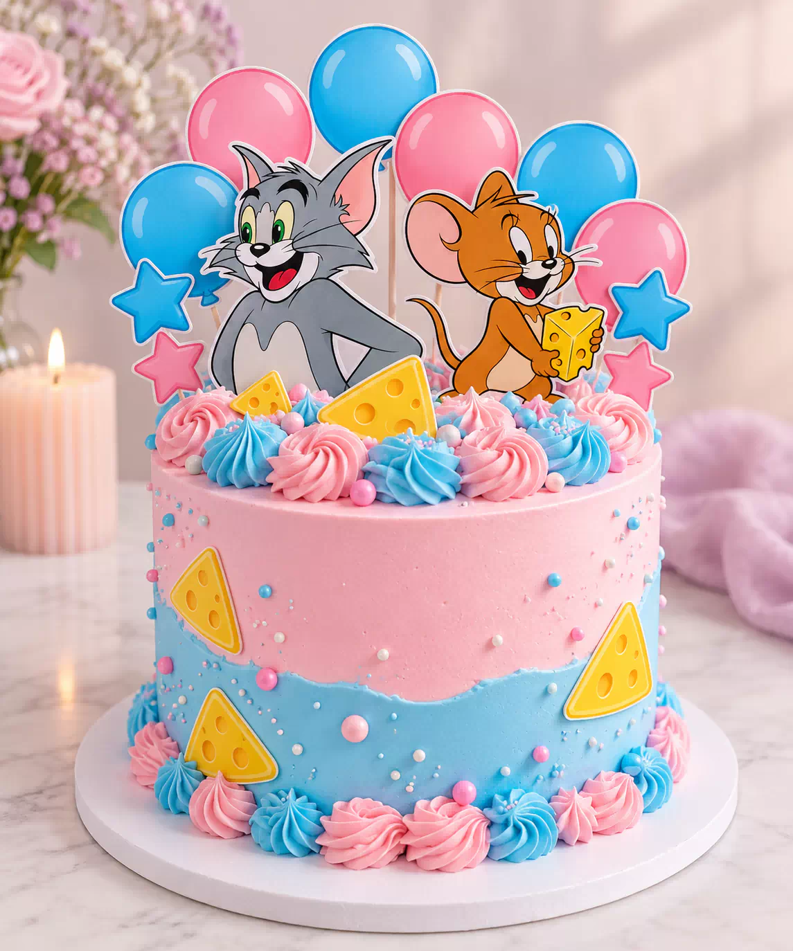 Tom & Jerry Pink & Blue Birthday Cake