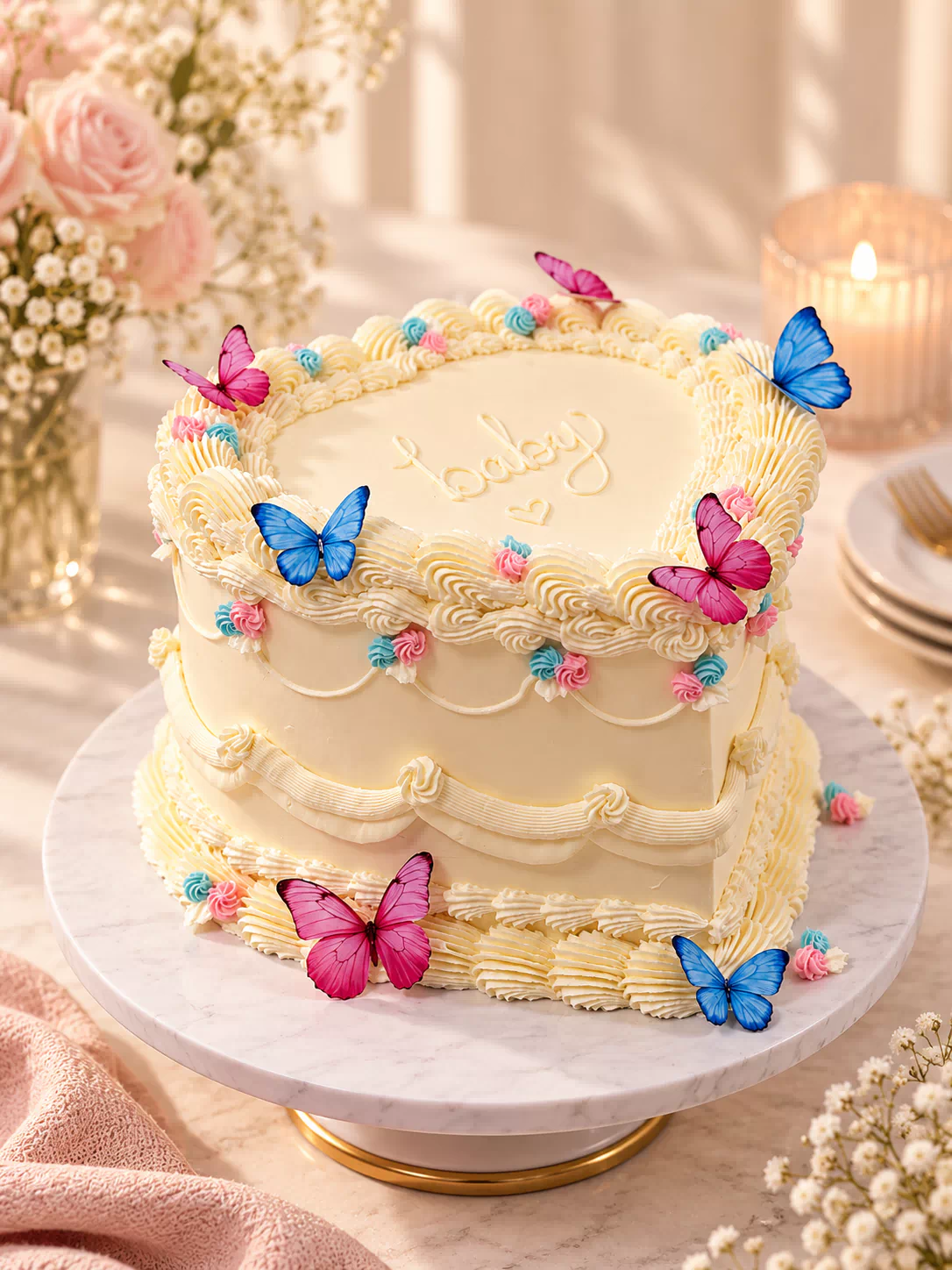 Butterfly Gender Reveal Vintage Cake