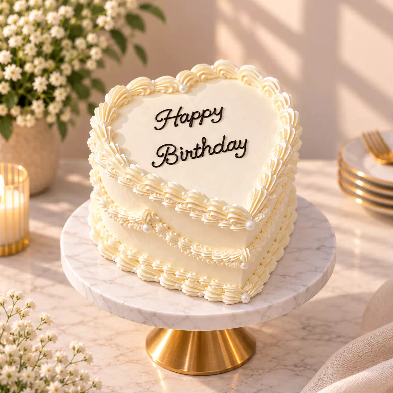 Vintage White Heart Birthday Cake