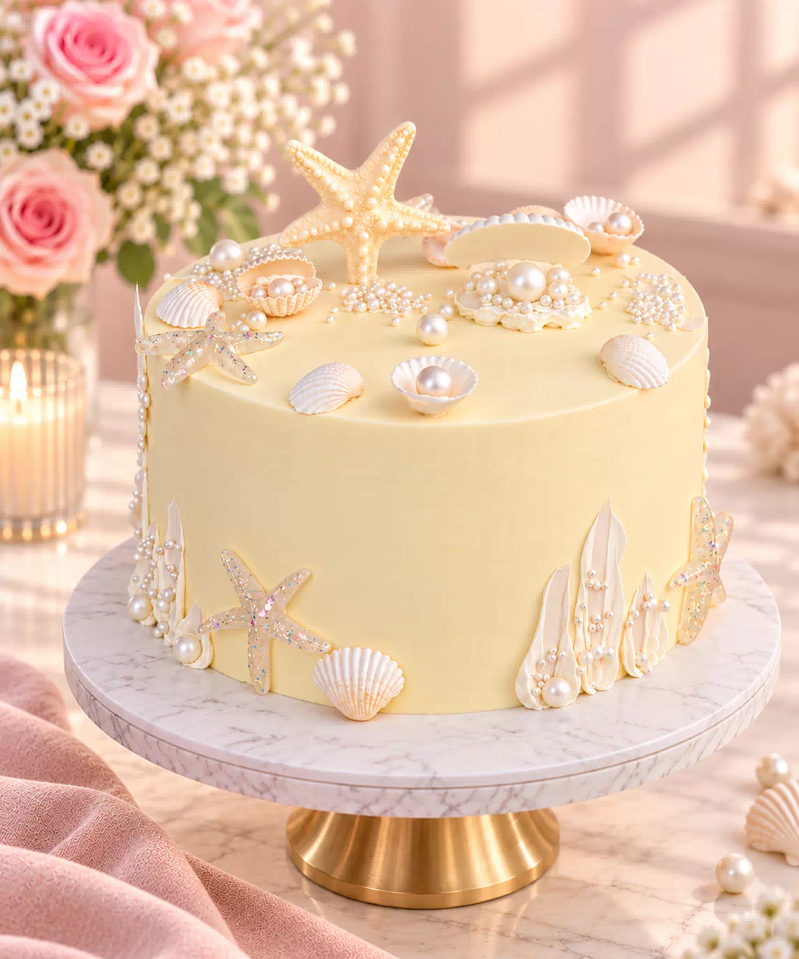 Elegant Ivory Ocean & Pearl Seashell Cake